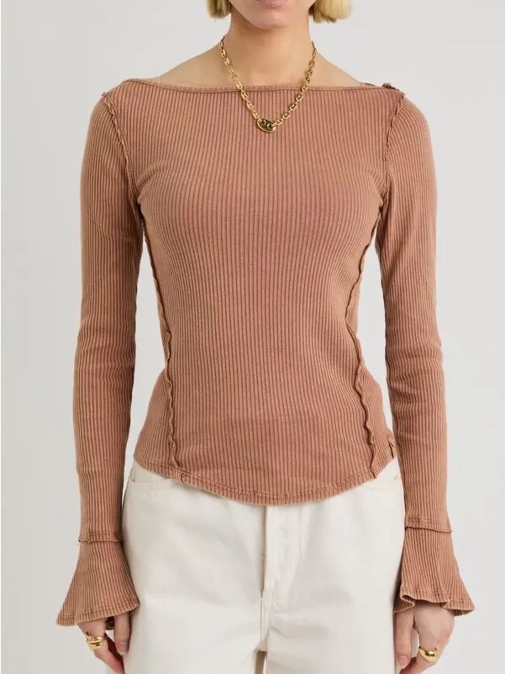 We the free Soul Sister Ribbed Long-Sleeve Boatneck Top in Dusty Rose Sz M